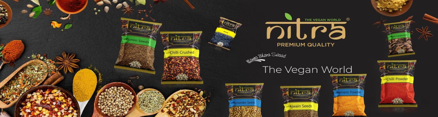 NITRA spices — cumin, chilli, coriander, ajwain, turmeric, cardamom